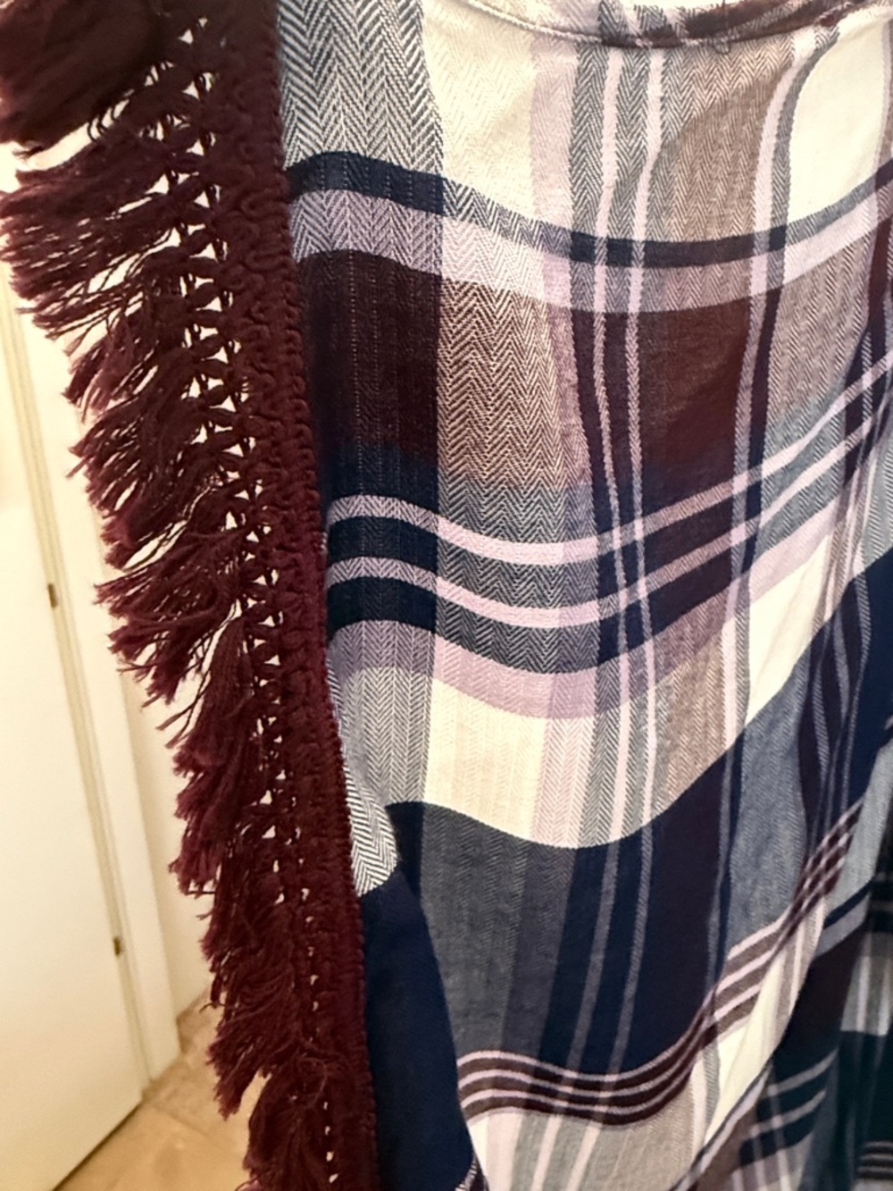 Plaid Open-Front Fringe Cardigan Jacket in Navy, Burgundy & White - Picture 4 of 5